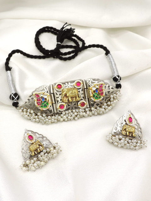 Oxidized elephant multicolor kundan pearl choker set with matching elephant earrings by joyrias