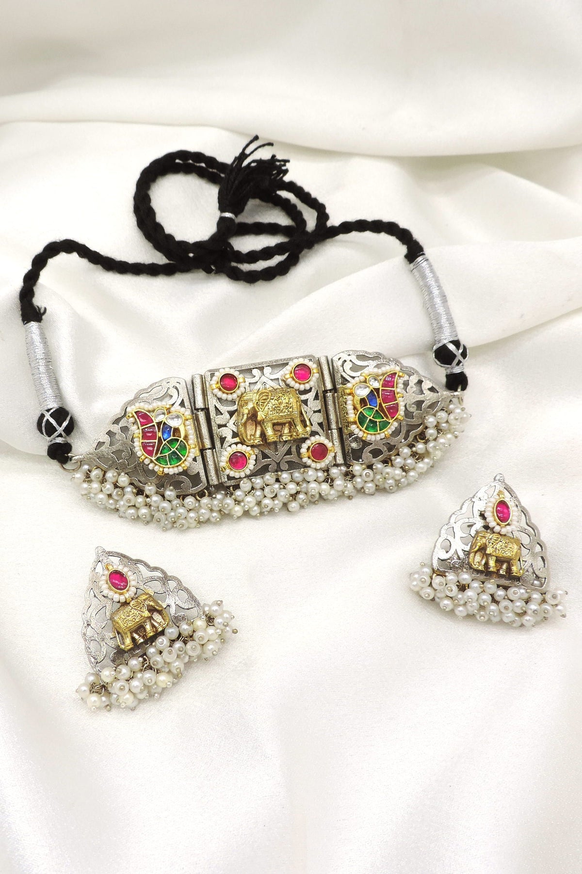 Oxidized elephant multicolor kundan pearl choker set with matching elephant earrings by joyrias
