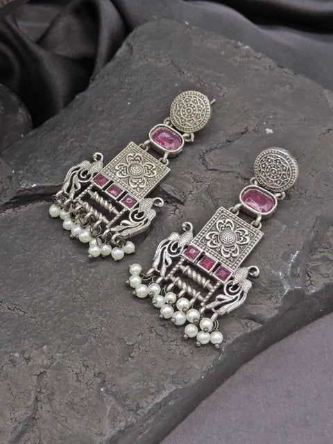 Ruby Stone Oxidized Tribal Drop Earrings with Pearl Beads