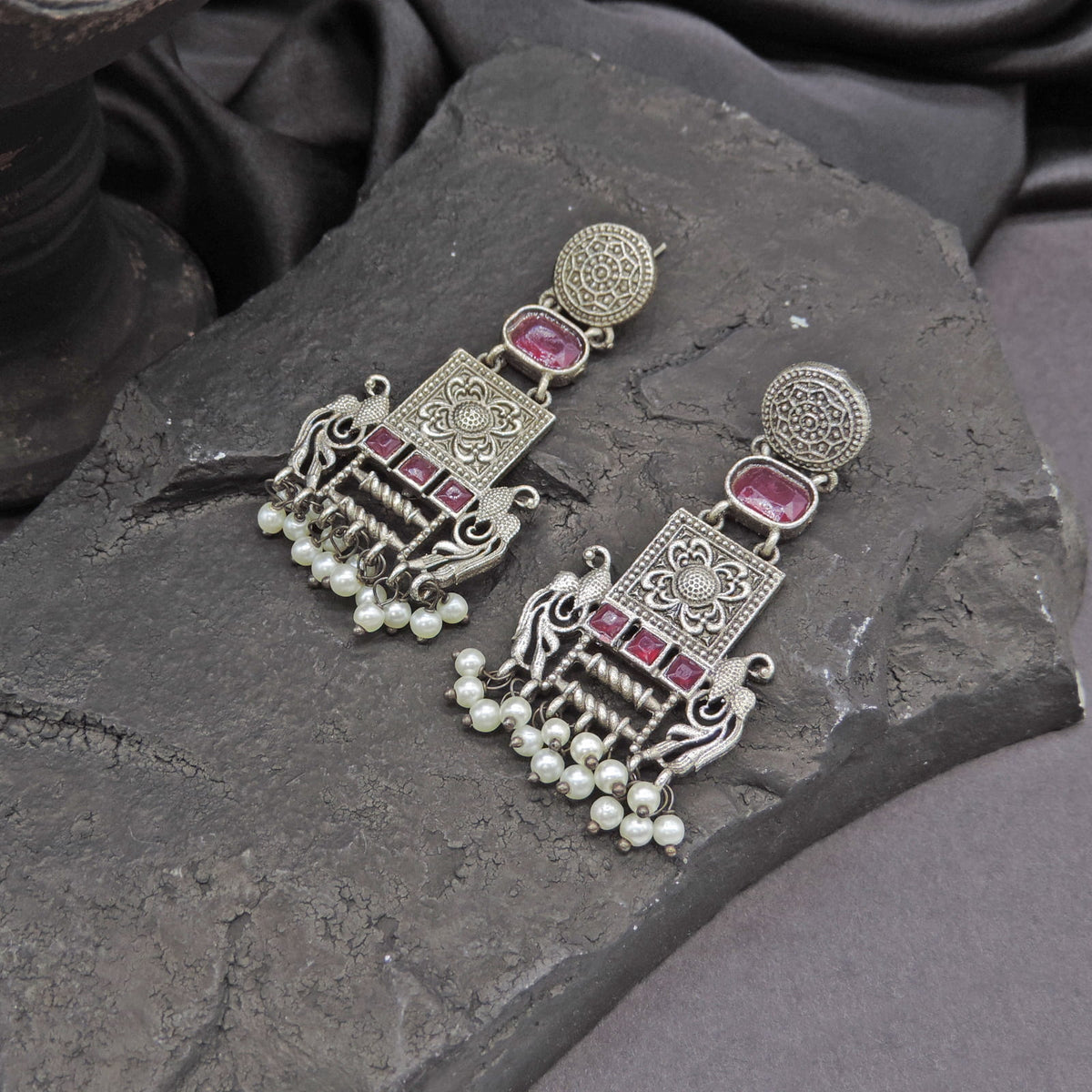 Ruby Stone Oxidized Tribal Drop Earrings with Pearl Beads