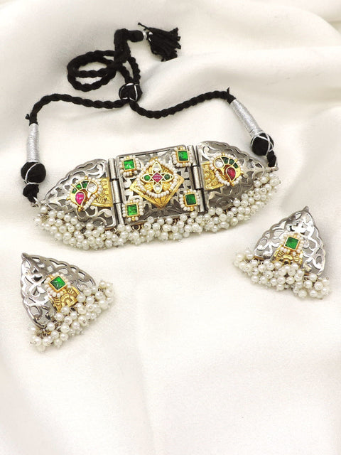 Oxidized kundan temple pearl choker set with colorful stones and matching earrings by joyrias