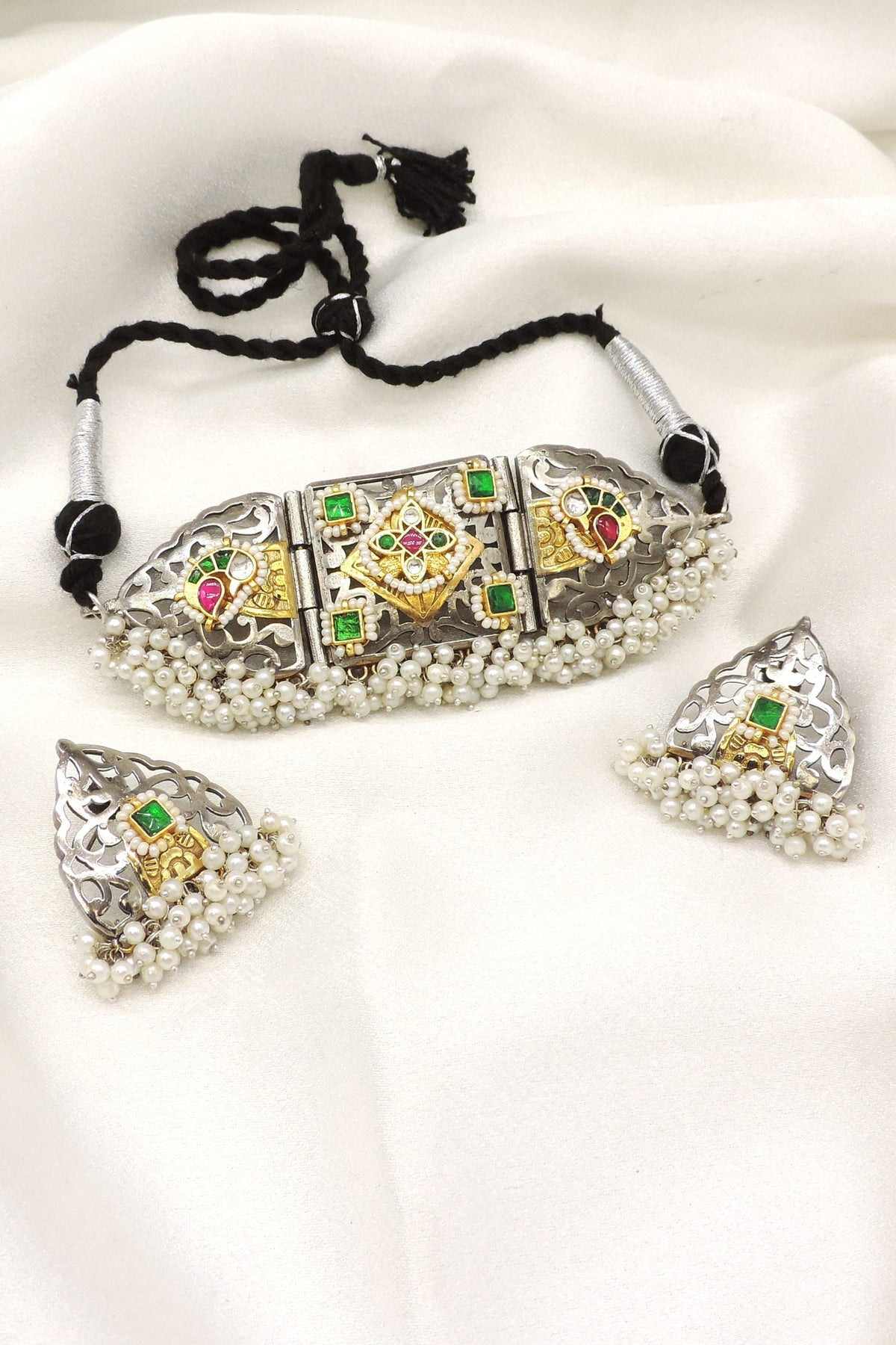 Oxidized kundan temple pearl choker set with colorful stones and matching earrings by joyrias