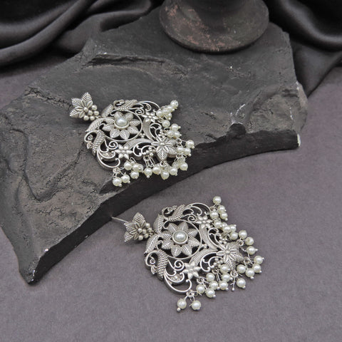 Oxidized Floral Filigree Earrings with Pearl Drops