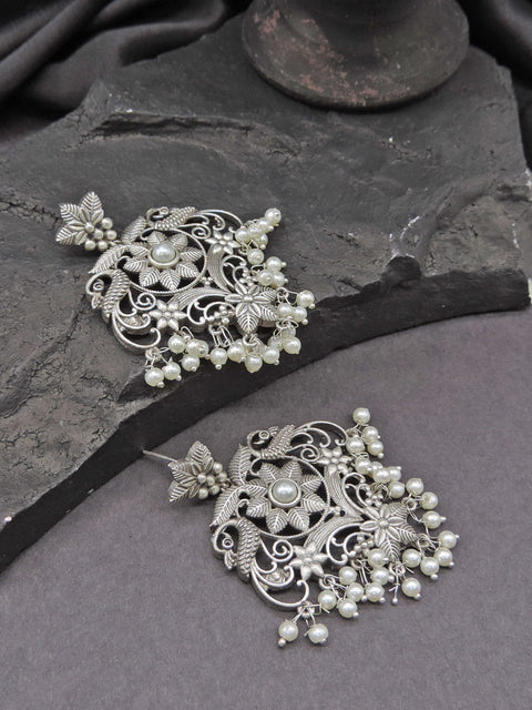Oxidized Floral Filigree Earrings with Pearl Drops