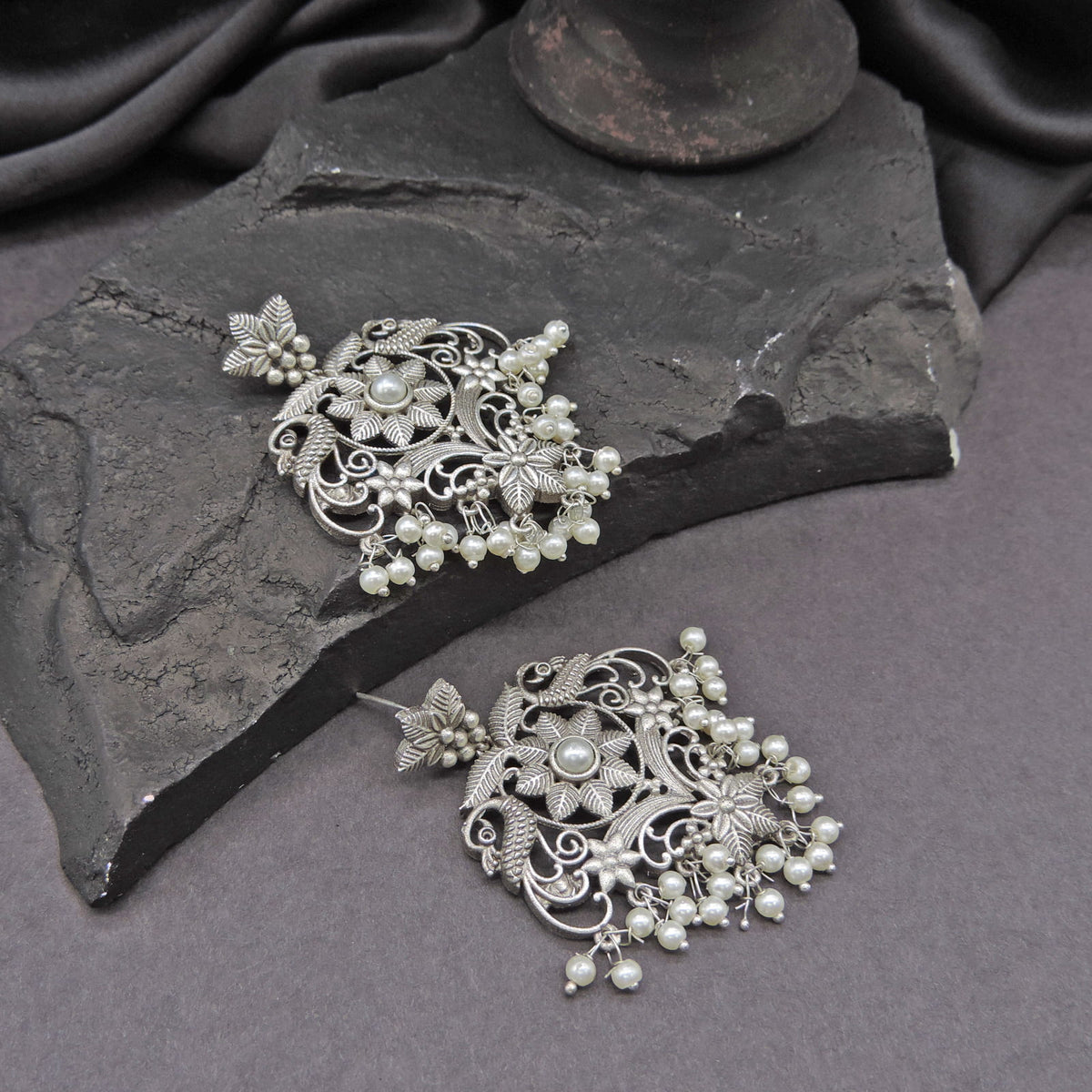Oxidized Floral Filigree Earrings with Pearl Drops
