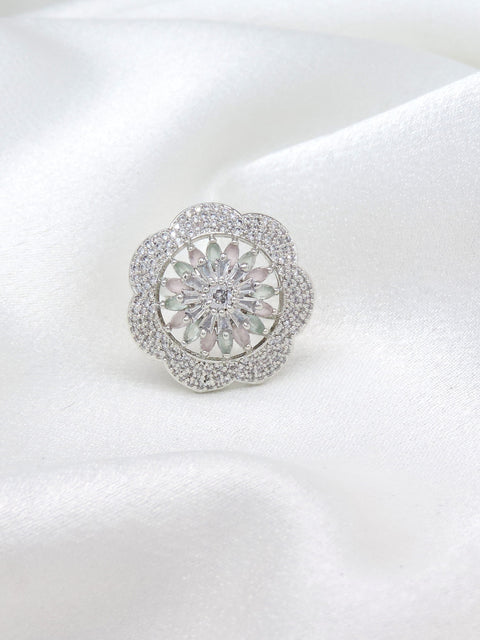 Intricate floral AD ring with sparkling center stone and delicate detailing by joyrias