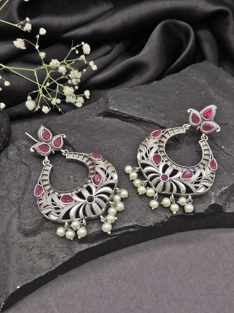 Pastel Stone Oxidized Floral Hoop Earrings with Pearl Drops