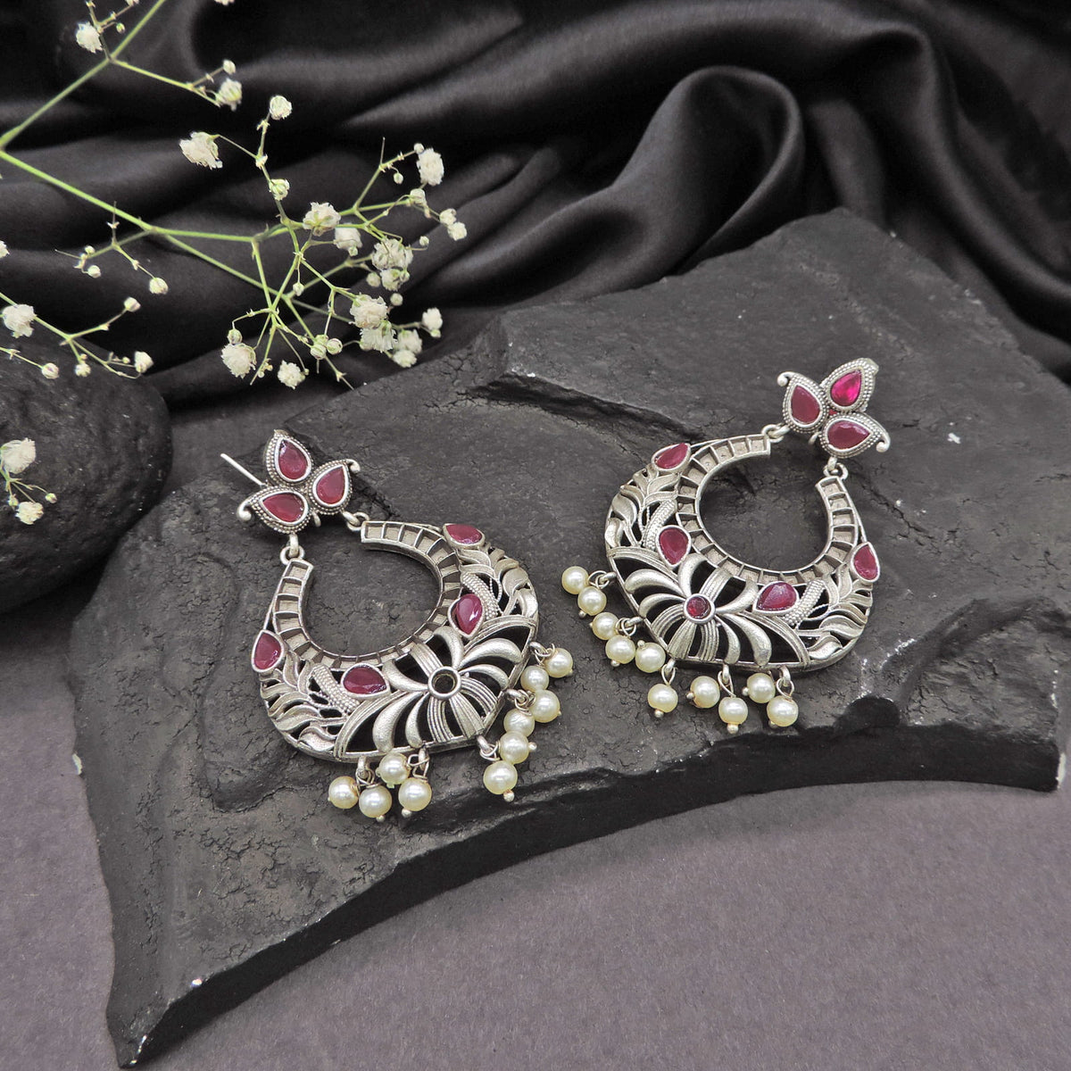 Pastel Stone Oxidized Floral Hoop Earrings with Pearl Drops