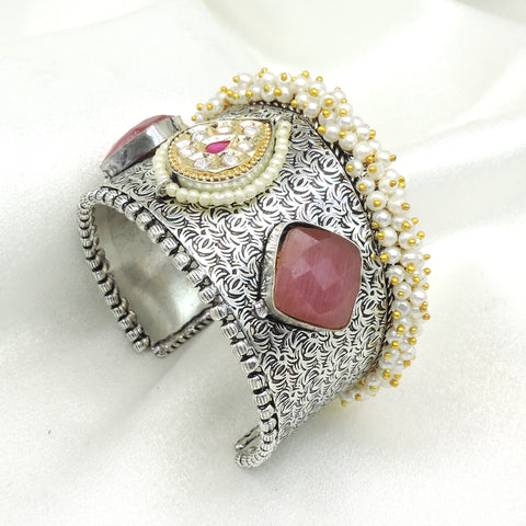 Pearl & Green Stone Oxidized Cuff Bracelet