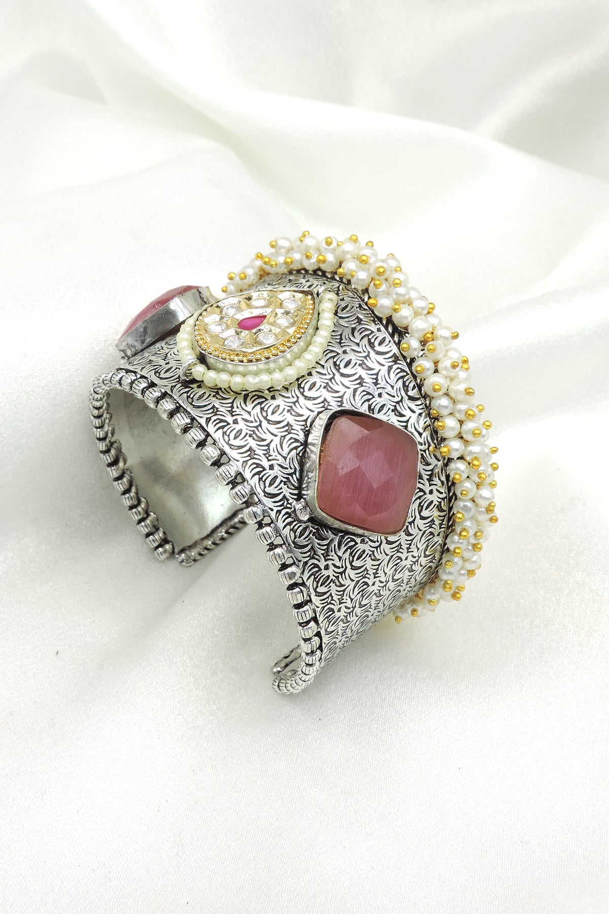 Pearl & Green Stone Oxidized Cuff Bracelet