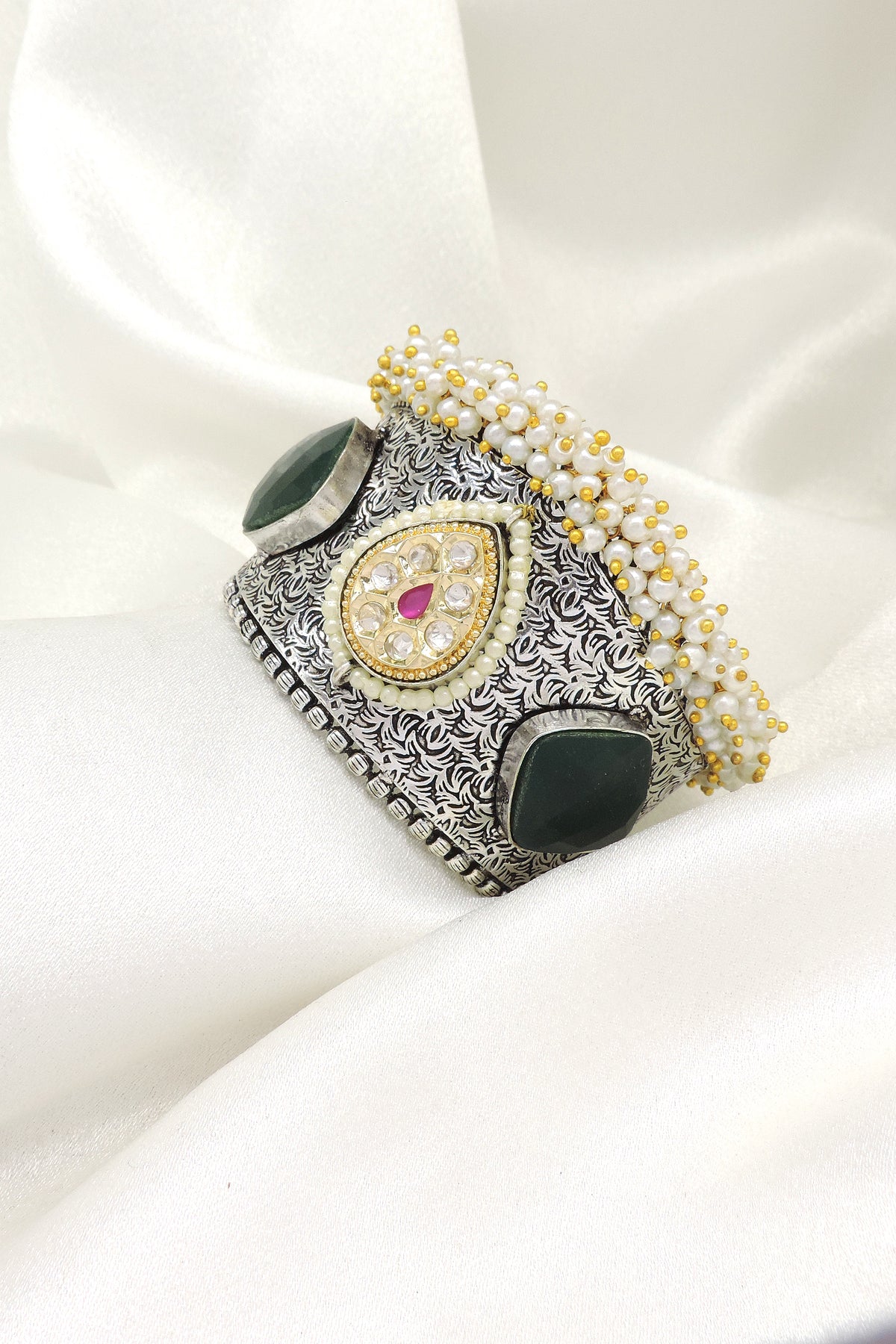 Pearl & Green Stone Oxidized Cuff Bracelet