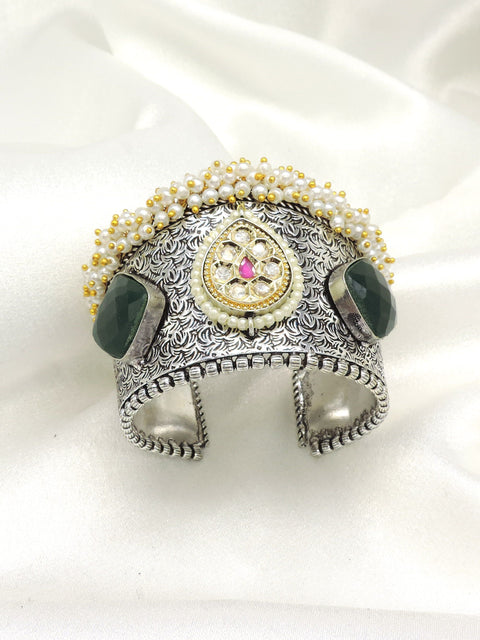 Pearl and green stone oxidized cuff bracelet by Joyrias
