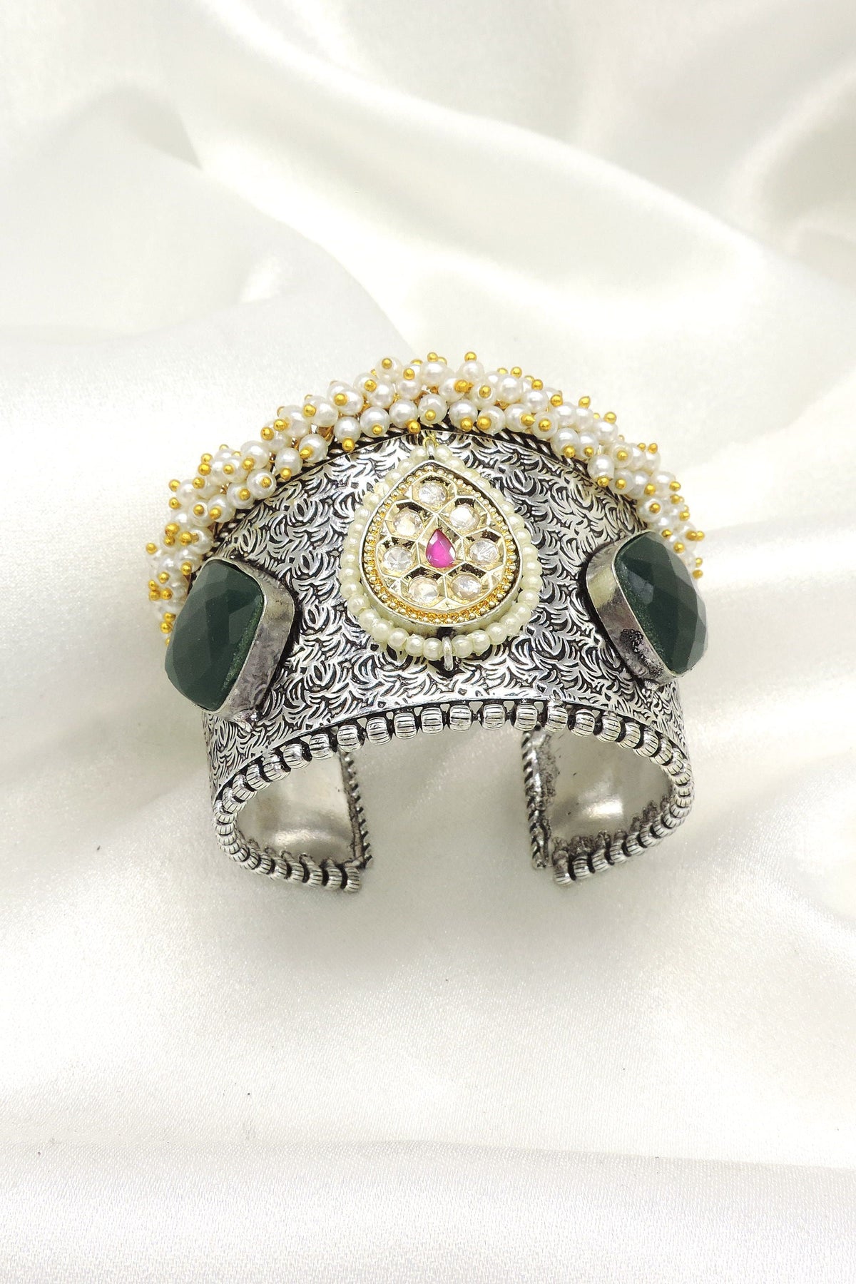 Pearl and green stone oxidized cuff bracelet by Joyrias