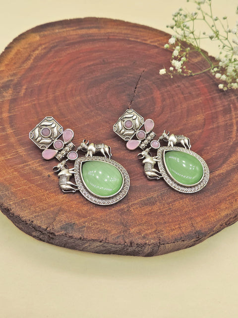 Green stone oxidized Indian earrings – handcrafted ethnic earrings for Navratri and weddings – Joyrias