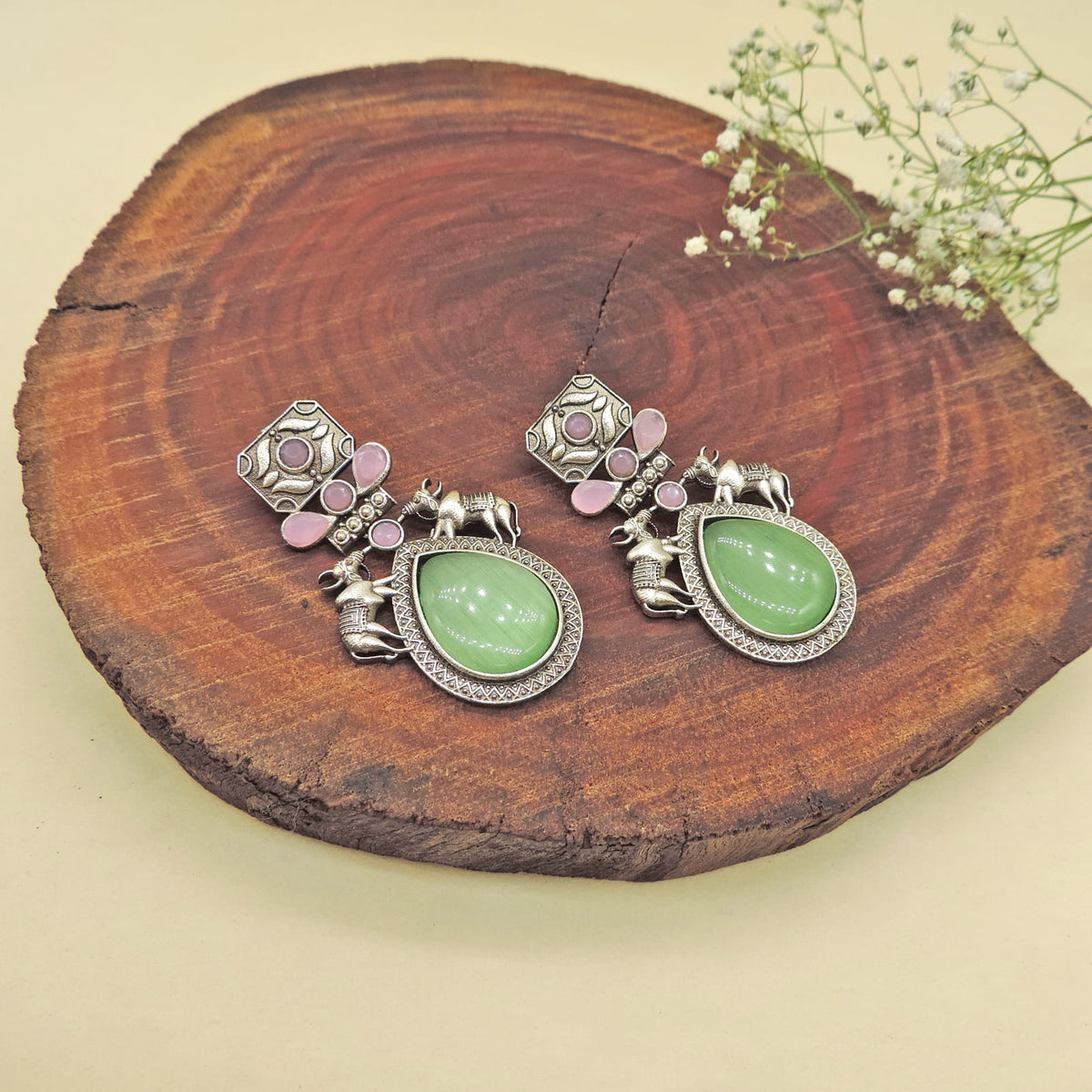 Green stone oxidized Indian earrings – handcrafted ethnic earrings for Navratri and weddings – Joyrias