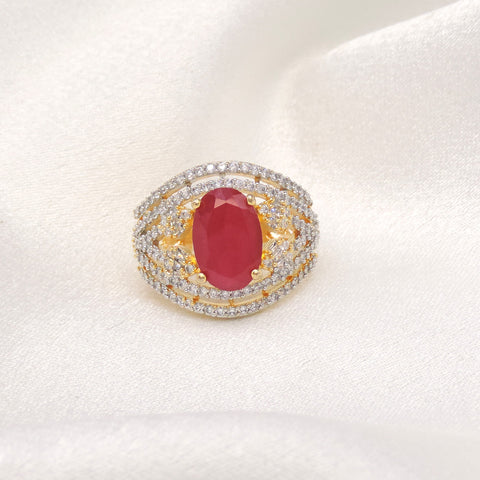Majestic red stone CZ ring with gold-toned detailing by joyrias