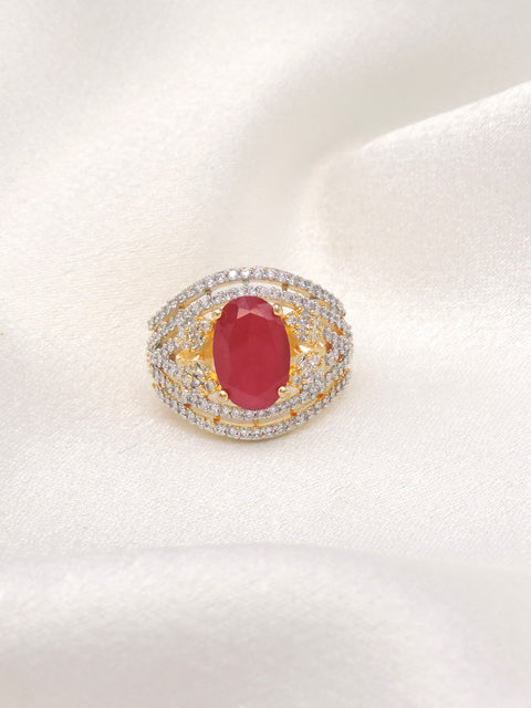 Majestic red stone CZ ring with gold-toned detailing by joyrias