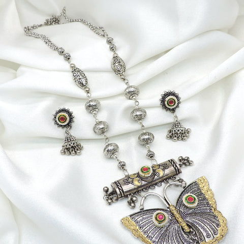 Oxidized silver butterfly long necklace set with matching earrings and pearl detailing by joyrias