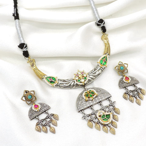 Oxidized dual-tone floral multicolor necklace set with colorful stones and matching long earrings by joyrias