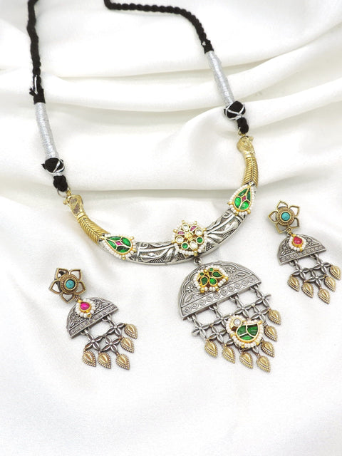 Oxidized dual-tone floral multicolor necklace set with colorful stones and matching long earrings by joyrias