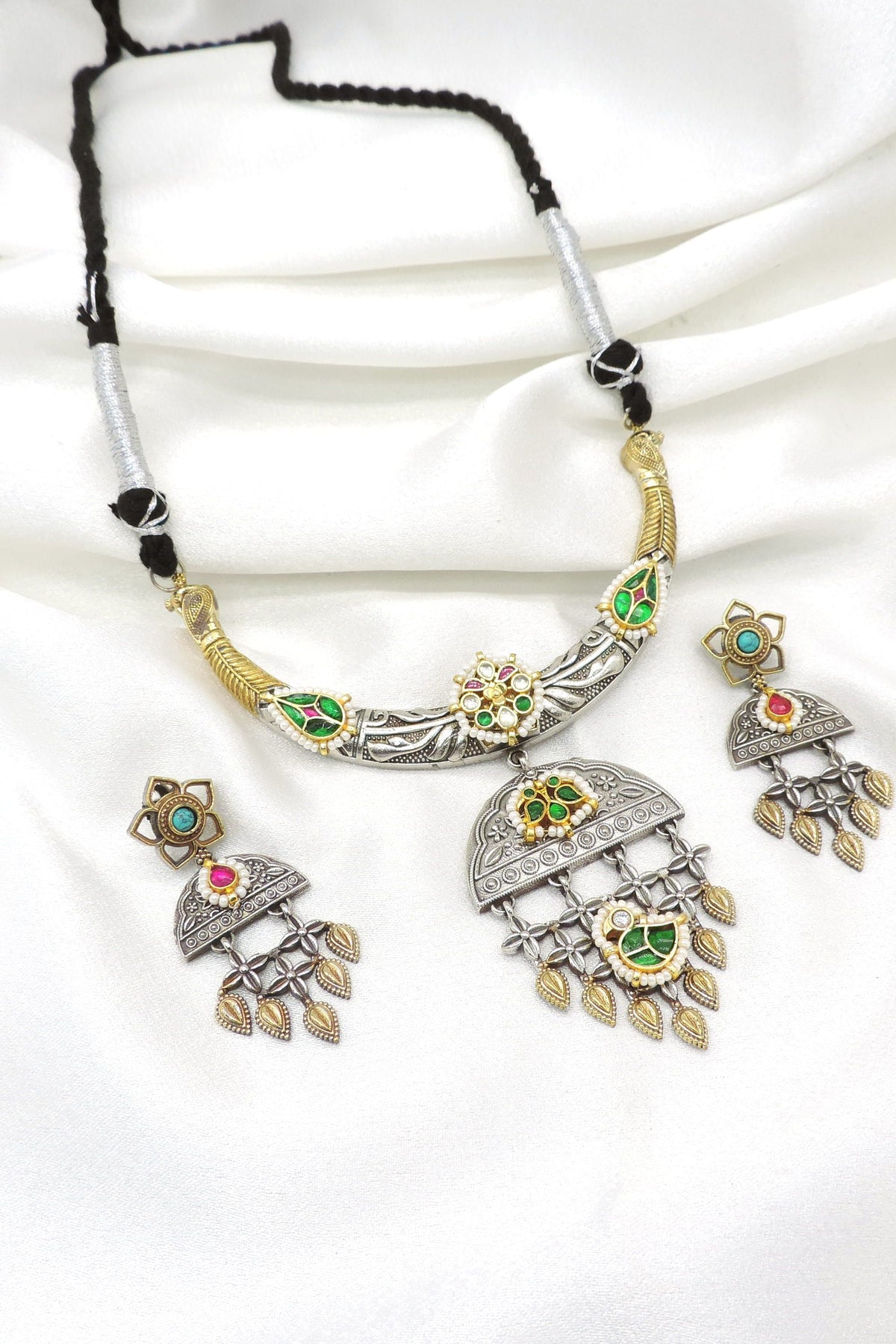 Oxidized dual-tone floral multicolor necklace set with colorful stones and matching long earrings by joyrias