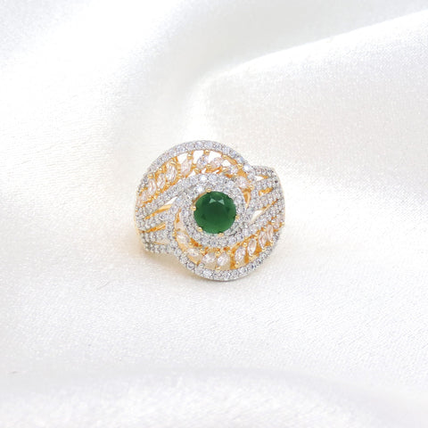 Graceful CZ green center ring with gold-toned detailing by joyrias