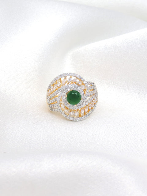 Graceful CZ green center ring with gold-toned detailing by joyrias