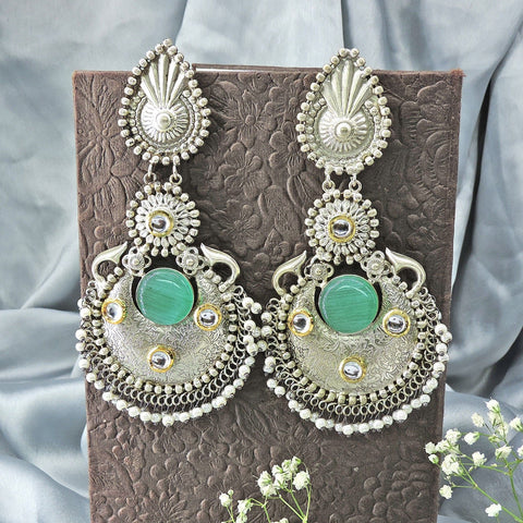 Silver plated sea green earrings – Indian ethnic oxidized earrings for Navratri – Joyrias