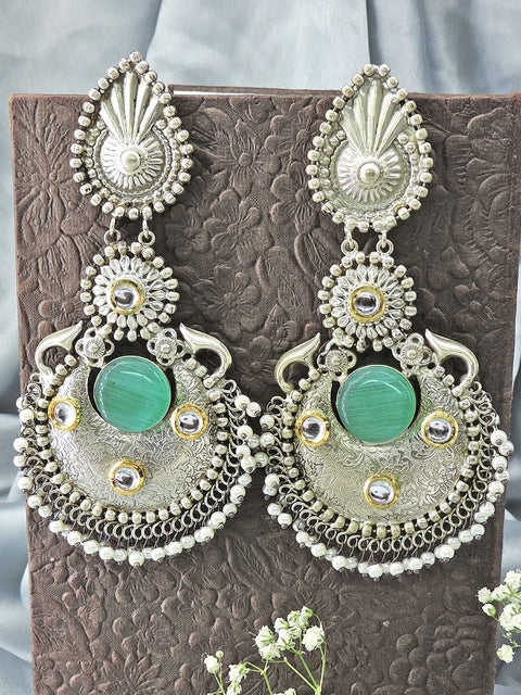 Silver plated sea green earrings – Indian ethnic oxidized earrings for Navratri – Joyrias