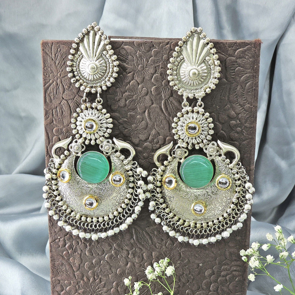 Silver plated sea green earrings – Indian ethnic oxidized earrings for Navratri – Joyrias