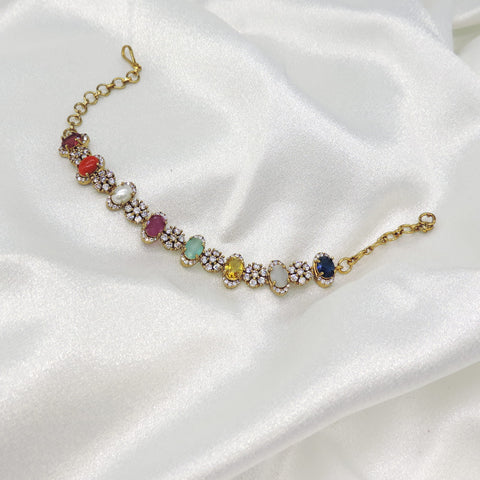 Multicolor Stone Kundan Bracelet – Gold Finish Adjustable Bracelet