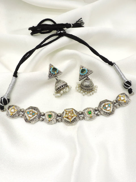 Oxidized Tribal Choker Necklace Set with Jhumka