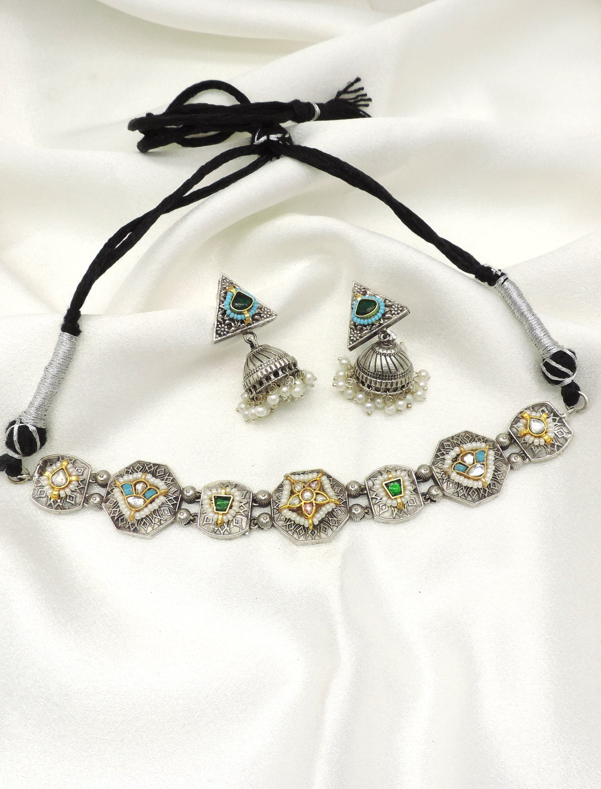 Oxidized Tribal Choker Necklace Set with Jhumka