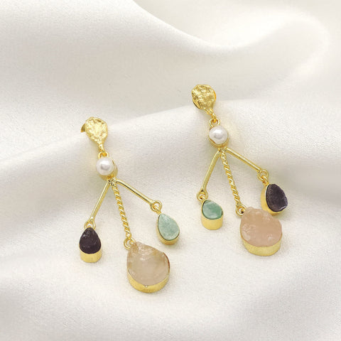 Multi Stone Drop Earrings with Pearl | Natural Gemstone Statement Earrings