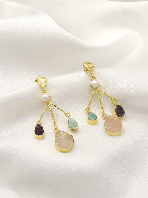 Multi Stone Drop Earrings with Pearl | Natural Gemstone Statement Earrings