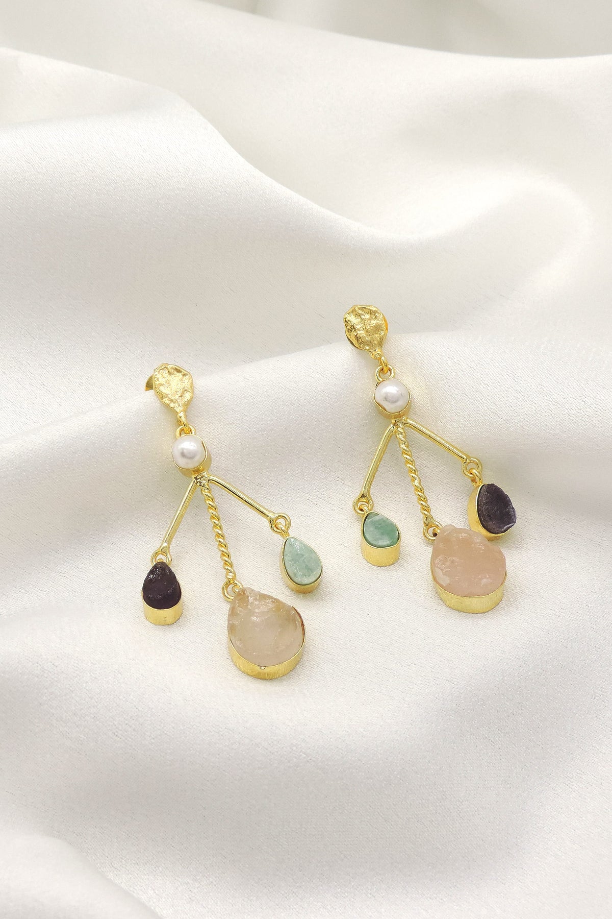 Multi Stone Drop Earrings with Pearl | Natural Gemstone Statement Earrings