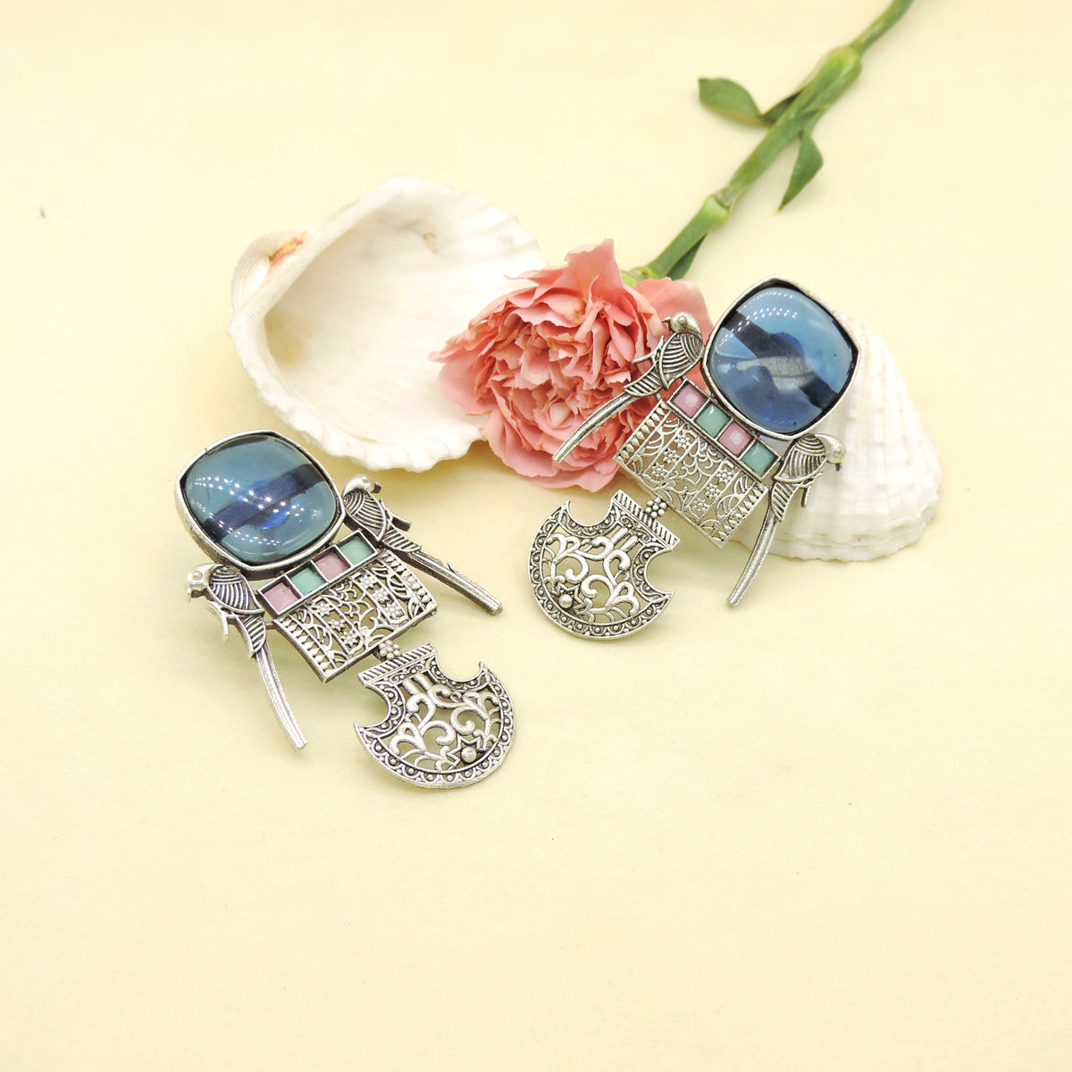 Yellow Stone Oxidised Tribal Statement Earrings