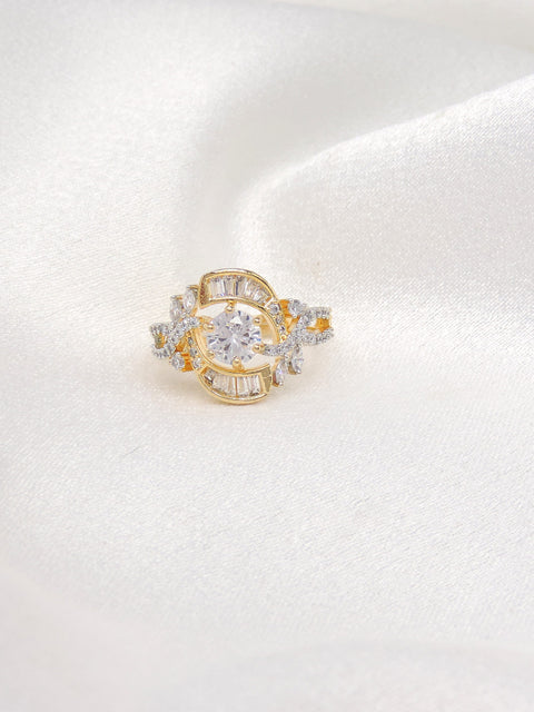 Ornate dual-tone stone ring with baguette detailing and sparkling accents by joyrias