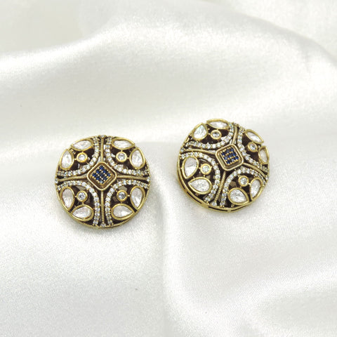 Antique Kundan Stud Earrings with Blue Stone Accents