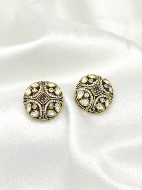 Antique Kundan Stud Earrings with Blue Stone Accents