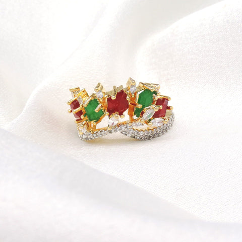 Vibrant CZ multicolor red and green stone ring with gold-toned detailing by joyrias