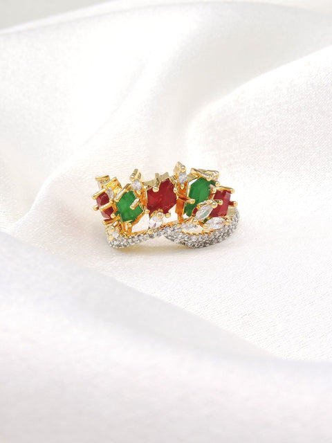 Vibrant CZ multicolor red and green stone ring with gold-toned detailing by joyrias