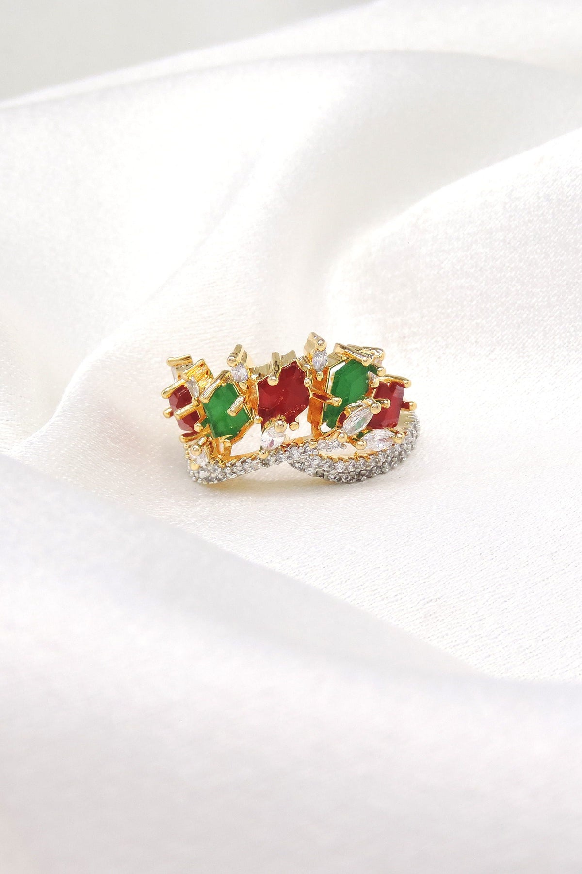 Vibrant CZ multicolor red and green stone ring with gold-toned detailing by joyrias