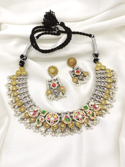 Oxidized multicolor kundan pearl necklace set with matching earrings by Joyrias