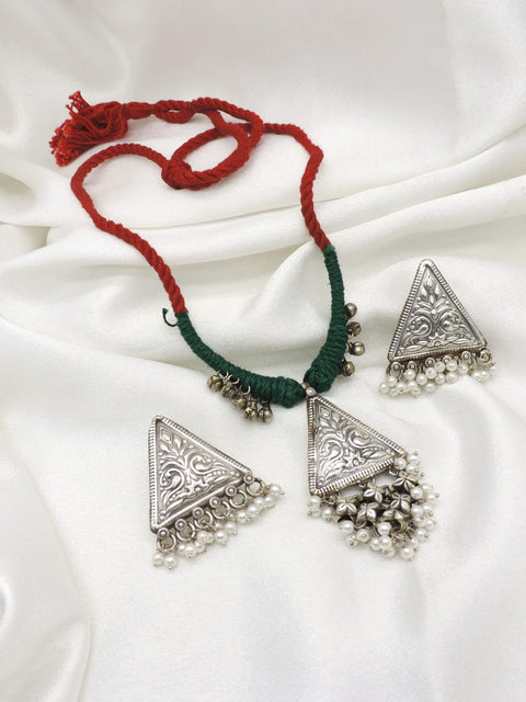 Oxidized triangular floral pearl necklace set with colorful threadwork and matching earrings by joyrias