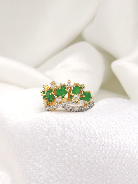 Regal green stone CZ ring with gold-toned detailing by joyrias