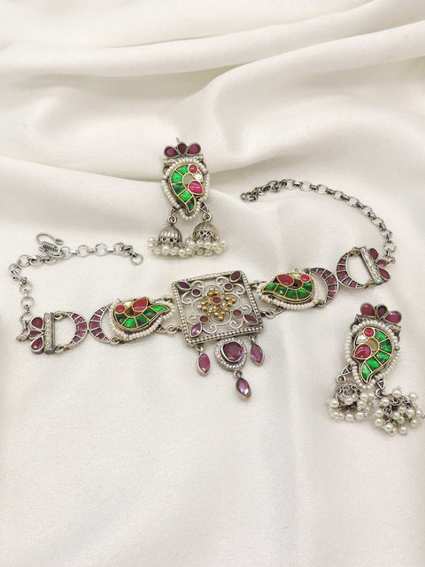 Oxidized silver Pachi Kundan choker necklace set with green and maroon stones and matching earrings by joyrias