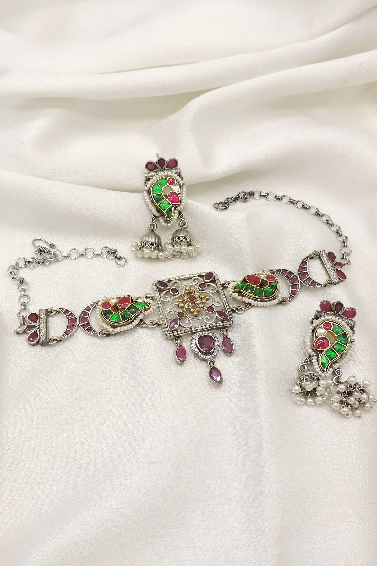 Oxidized silver Pachi Kundan choker necklace set with green and maroon stones and matching earrings by joyrias