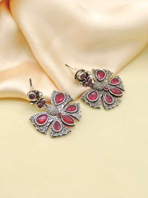 Pink Stone Oxidized Floral Statement Earrings