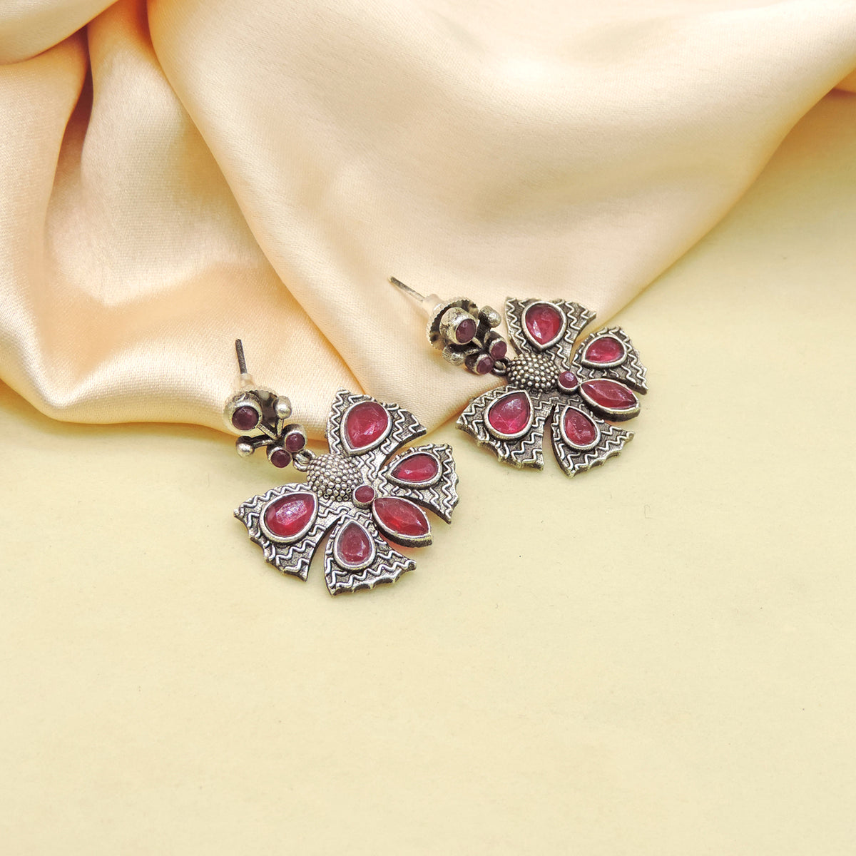 Pink Stone Oxidized Floral Statement Earrings